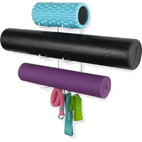Wallniture Guru Wall Mount Yoga Mat Foam Roller and Towel Rack with 3 Hooks for Hanging Yoga Strap and Resistance Bands, 3-Sectional Metal