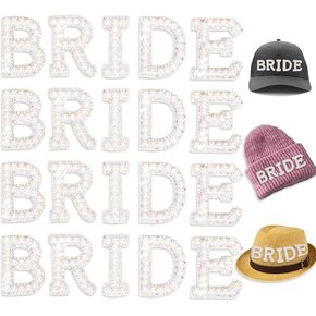 Bride Pearl Letter Patches, 4 Sets Bride Iron on Letters Patches Artificial Pearl Sew on Patches Bling Rhinestone Sew on Letters for DIY Craft Clothing Jackets Bags Hats