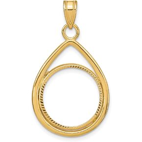 Solid Wideband Distinguished Coin Jewelry 14k Yellow Gold Polished and Diamond-cut Lightweight Teardrop 16.5mm Prong Coin Bezel Pendant - 33.75mm