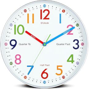 Learning Clock for Kids, Teaching Clock 12inch Kids Analog Colorful bedrooms Wall Clock Silver ET-7789