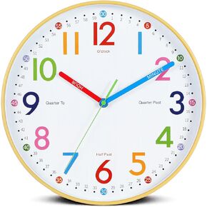 Learning Clock for Kids, Teaching Clock 12inch Kids Analog Colorful bedrooms Wall Clock Silver ET-7789