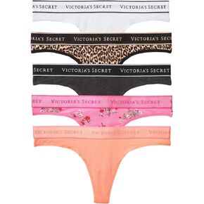 Victoria's Secret Cotton Logo Thong Panty Pack, Underwear for Women, 5 Pack, Spring Mix (S)