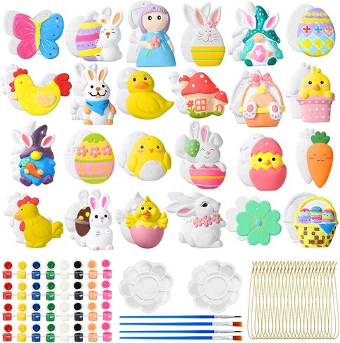 Syhood 24 Pcs Easter Painting Kit for Adults Easter Crafts Ready to Paint Your Own Ceramic DIY Unpainted Easter Bunny Egg Ceramics Easter Ceramics to Paint Easter Ornaments Crafts Gifts for Adults in Saudi Arabia
