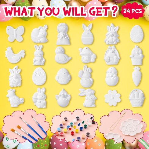 Syhood 24 Pcs Easter Painting Kit for Adults Easter Crafts Ready to Paint Your Own Ceramic DIY Unpainted Easter Bunny Egg Ceramics Easter Ceramics to Paint Easter Ornaments Crafts Gifts for Adults in Saudi Arabia