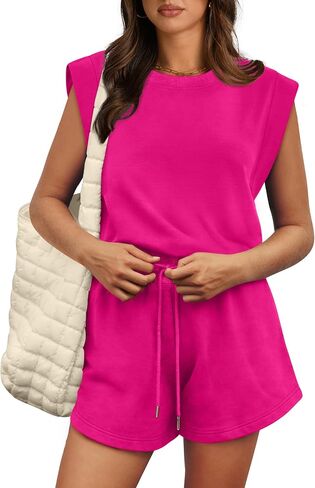 OFEEFAN Rompers for Women Summer Cap Sleeve Adjustable Drawstring Waistband Crewneck Casual Outfits with Pockets in Saudi Arabia