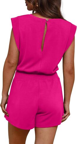 OFEEFAN Rompers for Women Summer Cap Sleeve Adjustable Drawstring Waistband Crewneck Casual Outfits with Pockets in Saudi Arabia
