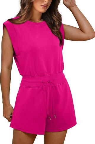 OFEEFAN Rompers for Women Summer Cap Sleeve Adjustable Drawstring Waistband Crewneck Casual Outfits with Pockets in Saudi Arabia