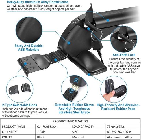 قضبان متقاطعة لرف السقف العالمي، قضبان متقاطعة من الألومنيوم قابلة للقفل مقاس 48 بوصة مع إطار نافذة قابل للتمديد ومفتاح مزدوج، مجموعة قضبان متقاطعة للأمتعة على السطح لشاحنات السيارات ذات السقف العاري، 165 رطلًا بحد أقصى in Kuwait