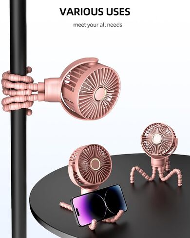 مروحة عربة الأطفال، قابلة لإعادة الشحن بمنفذ TYPE-C، 2000 مللي أمبير، قابلة للدوران 360 درجة، 3 سرعات، حامل ثلاثي مرن، مشبك في أي مكان لراحة الطفل - متينة وسهلة التنظيف، أسود in Saudi Arabia