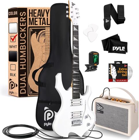 Pyle Heavy Metal EG Fire Electric Guitar Axe w/ Amplifier Kit, Full Size Instrument w/ Practice Amp & Accessories, White Matte in Kuwait