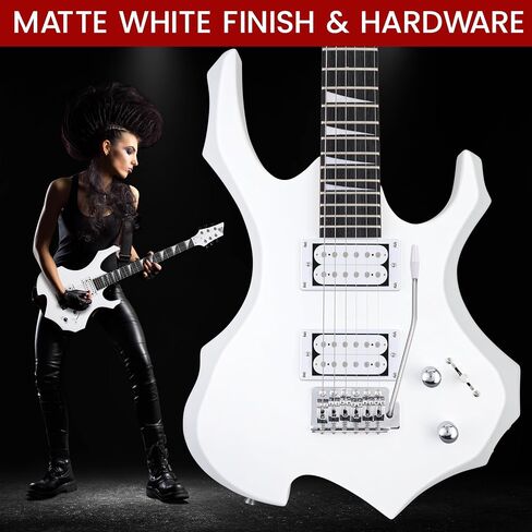 Pyle Heavy Metal EG Fire Electric Guitar Axe w/ Amplifier Kit, Full Size Instrument w/ Practice Amp & Accessories, White Matte in Kuwait