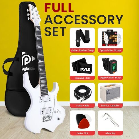 Pyle Heavy Metal EG Fire Electric Guitar Axe w/ Amplifier Kit, Full Size Instrument w/ Practice Amp & Accessories, White Matte in Kuwait