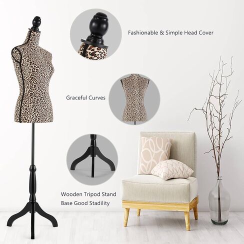 فستان على شكل عارضة أزياء أنثوية، جسم عارضة أزياء بارتفاع قابل للتعديل مع حامل للخياطة، العرض، طباعة الفهد in Kuwait