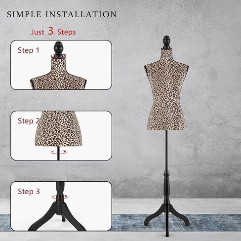 فستان على شكل عارضة أزياء أنثوية، جسم عارضة أزياء بارتفاع قابل للتعديل مع حامل للخياطة، العرض، طباعة الفهد in Kuwait