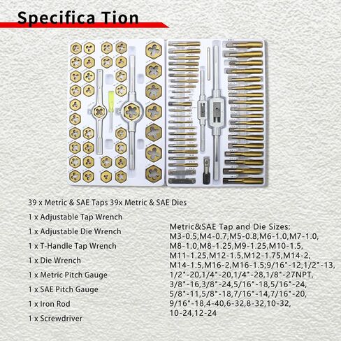 Tap and Die Set Bearing Steel & Titanium Coated (86 Piece Set with Metal Storage Case) Metric & SAE Sizes for Internal and External Threading Tapping repair… in Saudi Arabia