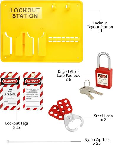 QWORK Lockout Tagout Station with Loto Kits, Electrical Safety Loto Kit, Includes 6 pcs Safety Padlock, Lockout Station, 2 Pcs Hasp, 32 Pcs Tags & 20 Pcs Zip Ties, for Industrial, Electric Power in Kuwait