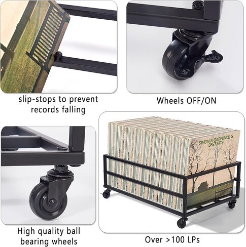 تخزين تسجيلات الفينيل يحمل ما يصل إلى 150 رطلًا، حامل سجل متنقل بعجلات، تخزين الألبوم لسجلات الفينيل، تخزين Lp حديد أسود in Kuwait