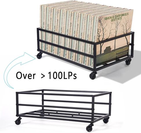 تخزين تسجيلات الفينيل يحمل ما يصل إلى 150 رطلًا، حامل سجل متنقل بعجلات، تخزين الألبوم لسجلات الفينيل، تخزين Lp حديد أسود in Kuwait