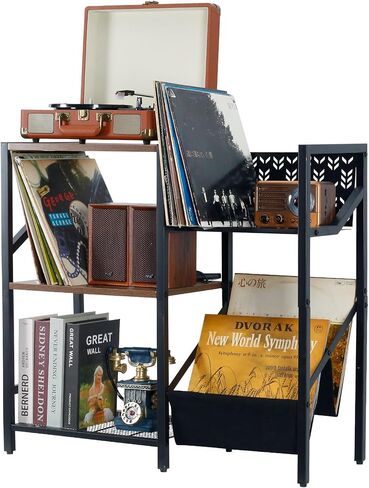 حامل تسجيل فينيل ثلاثي الطبقات، حامل تسجيل كبير يصل إلى 150 ألبومًا، حامل قرص دوار أسود مع خزانة استريو لتخزين السجلات، رف طاولة مشغل التسجيلات لغرفة النوم وغرفة المعيشة in Kuwait