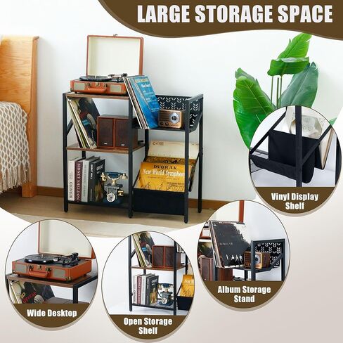 حامل تسجيل فينيل ثلاثي الطبقات، حامل تسجيل كبير يصل إلى 150 ألبومًا، حامل قرص دوار أسود مع خزانة استريو لتخزين السجلات، رف طاولة مشغل التسجيلات لغرفة النوم وغرفة المعيشة in Kuwait