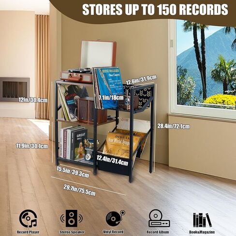 حامل تسجيل فينيل ثلاثي الطبقات، حامل تسجيل كبير يصل إلى 150 ألبومًا، حامل قرص دوار أسود مع خزانة استريو لتخزين السجلات، رف طاولة مشغل التسجيلات لغرفة النوم وغرفة المعيشة in Kuwait