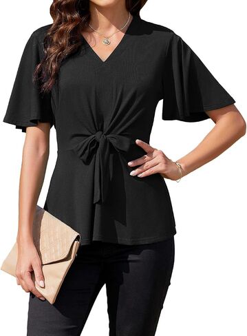 بلوزة نسائية صيفية لطيفة من Peplum، بلوزة كاجوال أنيقة بأكمام قصيرة ورقبة على شكل حرف V، سترة فضفاضة in Saudi Arabia
