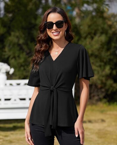 بلوزة نسائية صيفية لطيفة من Peplum، بلوزة كاجوال أنيقة بأكمام قصيرة ورقبة على شكل حرف V، سترة فضفاضة in Saudi Arabia
