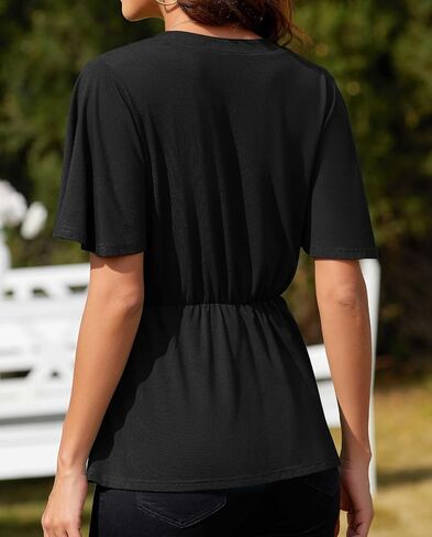 بلوزة نسائية صيفية لطيفة من Peplum، بلوزة كاجوال أنيقة بأكمام قصيرة ورقبة على شكل حرف V، سترة فضفاضة in Saudi Arabia