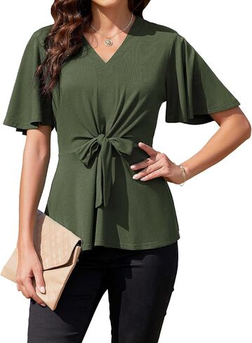 بلوزة نسائية صيفية لطيفة من Peplum، بلوزة كاجوال أنيقة بأكمام قصيرة ورقبة على شكل حرف V، سترة فضفاضة in Saudi Arabia