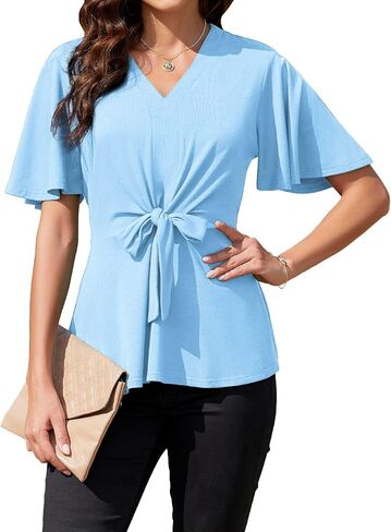 Womens Cute Peplum Tops Summer Dressy Casual Blouse Short Sleeve Shirts V Neck Flowy Tunic in Kuwait
