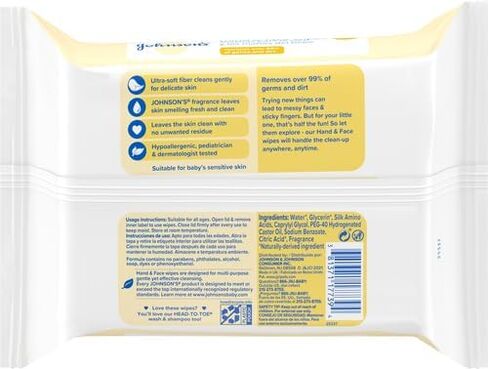 Johnson's Baby Disposable Hand & Face Cleansing Wipes, Pre-Moistened Wipes Gently Remove 99% of Germs & Dirt from Delicate Skin, Paraben-, Phthalate- & Alcohol-Free, Hypoallergenic, 25 ct in Saudi Arabia