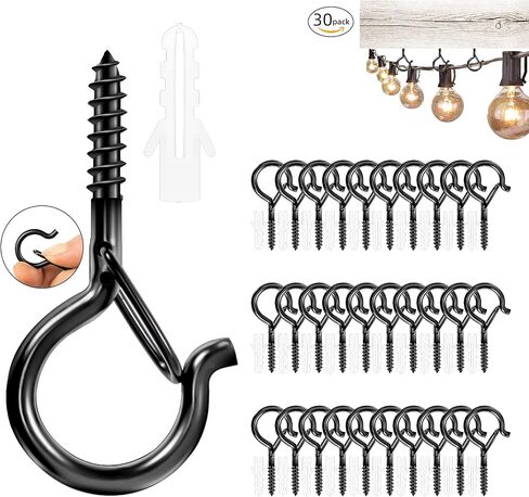 30 PCS Screw in Light Hooks for Outdoor String Lights, Windproof Q Hanger Hooks Safety Buckle, Eye Hooks Cup Hook for Hanging Plants, Christmas Lights & Patio Lights, 2.2 Inches, Black in Saudi Arabia