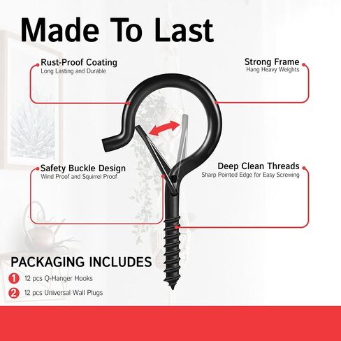 Credibby | 12 حزمة | خطافات سقف 2.9 بوصة لتعليق النباتات وأدوات المطبخ - خطافات لولبية شديدة التحمل لتعليق أضواء السلسلة، خطافات أكواب مطلية بالفينيل باللونين الأبيض والأسود للديكور الاحتفالي in Kuwait