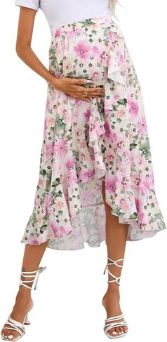 Maternity Midi Skirt Summer Casual Pleated Elastic High Waist Boho Ruffle Flowy Wrap Split Long Skirt in Saudi Arabia