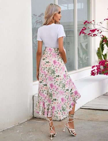 Maternity Midi Skirt Summer Casual Pleated Elastic High Waist Boho Ruffle Flowy Wrap Split Long Skirt in Saudi Arabia