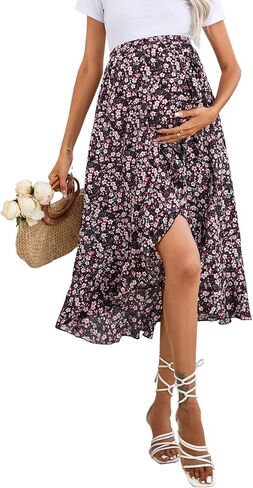 Maternity Midi Skirt Summer Casual Pleated Elastic High Waist Boho Ruffle Flowy Wrap Split Long Skirt in Saudi Arabia