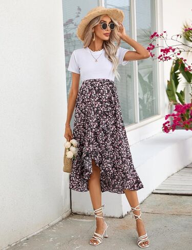 Maternity Midi Skirt Summer Casual Pleated Elastic High Waist Boho Ruffle Flowy Wrap Split Long Skirt in Saudi Arabia