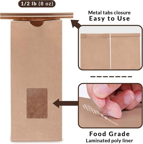 FMP Brands 75 حزمة أكياس مخبز مع نافذة، 9.5 × 6 × 2.8 بوصة أكياس مخبز ورقية بنية مع قفل ربط من القصدير لملفات تعريف الارتباط، 1 رطل (16 أونصة) أكياس ورق كرافت ممتازة لتخزين المواد الغذائية، والتعبئة، والإخراج in Kuwait