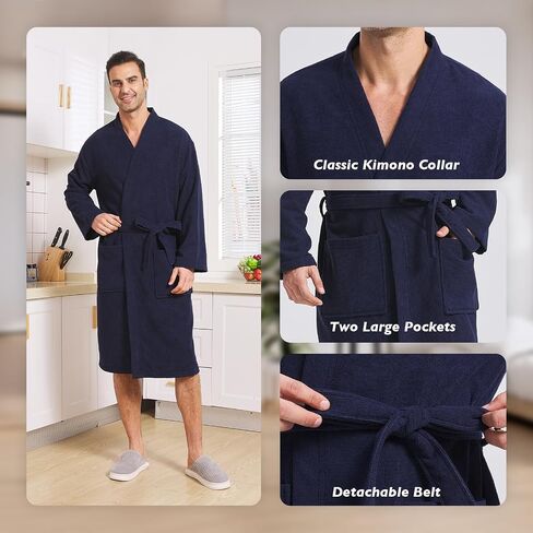 FashGudim Terry Cloth Robes for Men Big and Tall Short Mens Kimono Robe Super Absorbent Spa Bathrobe Calf Length With Pockets in Saudi Arabia