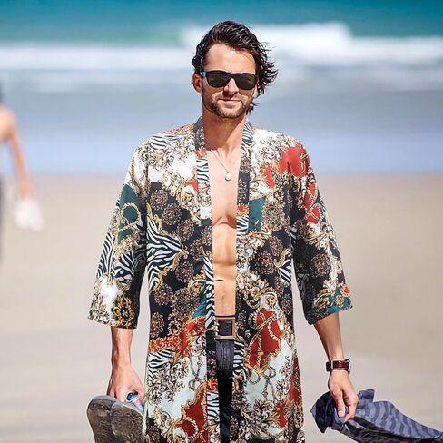 رداء كيمونو خفيف الوزن للرجال رداء حمام ياباني 3/4 كم كاجوال مفتوح من الأمام طويل كارديجان عباءة معطف مع حزام in Kuwait