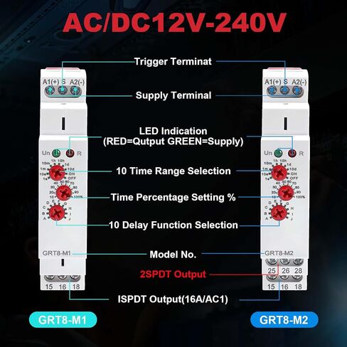مرحلات تأخير الوقت متعددة الوظائف AC DC 12V-240 VOLT ، 16A مفتاح التوقيت القابل للتعديل 16A على إيقاف تشغيل GRT8-M1 ، مع 10 وظيفة تأخير التحكم في ترحيل التتابع لمدة دقيقة إلى 10 أيام ، جبل DIN RAIL in Kuwait