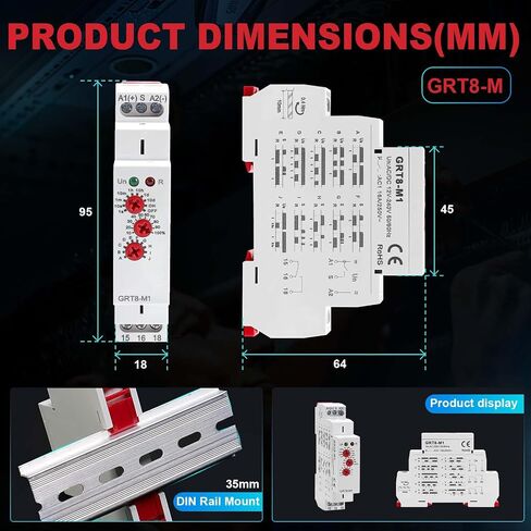مرحلات تأخير الوقت متعددة الوظائف AC DC 12V-240 VOLT ، 16A مفتاح التوقيت القابل للتعديل 16A على إيقاف تشغيل GRT8-M1 ، مع 10 وظيفة تأخير التحكم في ترحيل التتابع لمدة دقيقة إلى 10 أيام ، جبل DIN RAIL in Kuwait