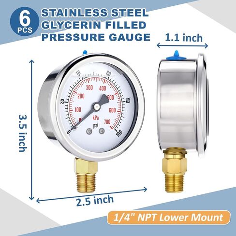 6 PCS 0-100 PSI Glycerin Liquid Liquid Gauge 2.5 '' 'Sile Silege Liquid 1/4 "NPT BRASS MOUNT مع علبة من الفولاذ المقاوم للصدأ IP67 مقاوم للماء لاختبار ضغط الهواء المائي in Saudi Arabia