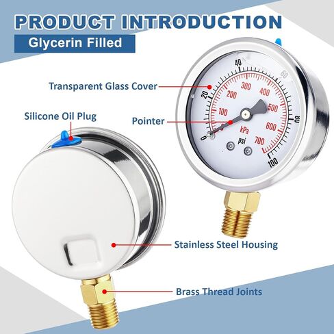 6 PCS 0-100 PSI Glycerin Liquid Liquid Gauge 2.5 '' 'Sile Silege Liquid 1/4 "NPT BRASS MOUNT مع علبة من الفولاذ المقاوم للصدأ IP67 مقاوم للماء لاختبار ضغط الهواء المائي in Saudi Arabia