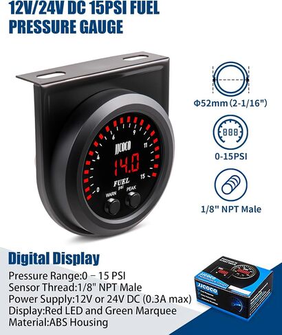 15psi مجموعة مقياس ضغط الوقود مع مستشعر إلكتروني 1/8npt و LED DIGNT DISTRAL DIVILE LOW LEPER METER BRACKET TILL TILL للسيارة والشاحنة - 2-1/16 "(52 مم) in Kuwait