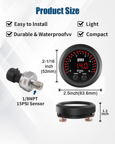 15psi مجموعة مقياس ضغط الوقود مع مستشعر إلكتروني 1/8npt و LED DIGNT DISTRAL DIVILE LOW LEPER METER BRACKET TILL TILL للسيارة والشاحنة - 2-1/16 "(52 مم) in Kuwait
