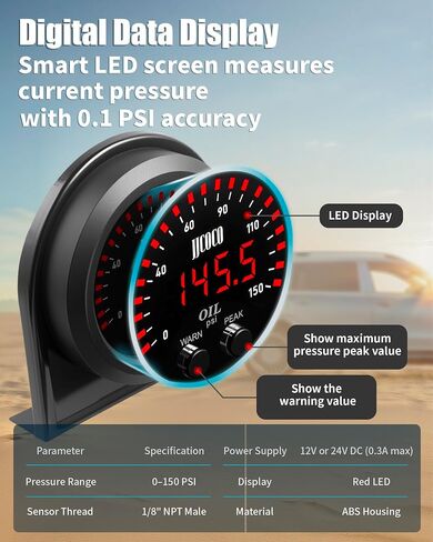 150ppsi مجموعة مقياس ضغط الزيت مع 1/8npt مستشعر إلكتروني وقوس التثبيت 12V/24V DC مقياس المقياس للسيارات سيارة شاحنة السيارات 2-1/16 "52 ملم in Kuwait