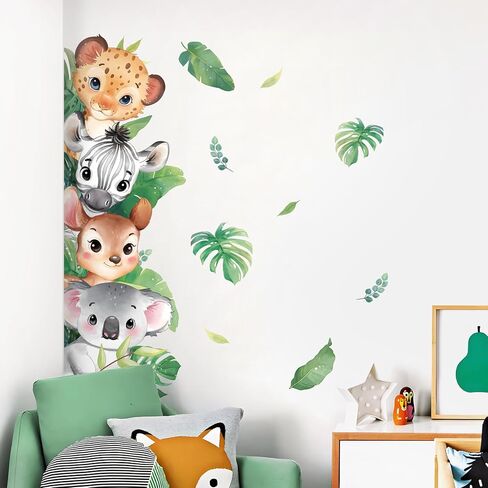 Tanlaby Jungle Animals Wall Stickers Cartoon Safari Animal Wall Decals Fox Bear Lion Monkey Tropical Leaves Art Decor for Baby Nursery Kids Playroom Bedroom in Kuwait
