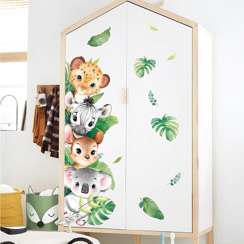 Tanlaby Jungle Animals Wall Stickers Cartoon Safari Animal Wall Decals Fox Bear Lion Monkey Tropical Leaves Art Decor for Baby Nursery Kids Playroom Bedroom in Kuwait