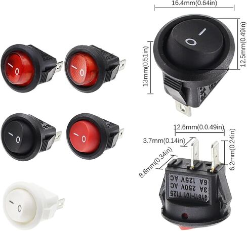 مفتاح Round Rocker ، 15 مم تشغيل/إيقاف ، 2 دبوس DC/AC 3A 250V ، الأسود والأحمر ، 10 حزمة ، لتطبيقات معلومات السيارات والتطبيقات البحرية (2Pin On-Off-Off) in Kuwait